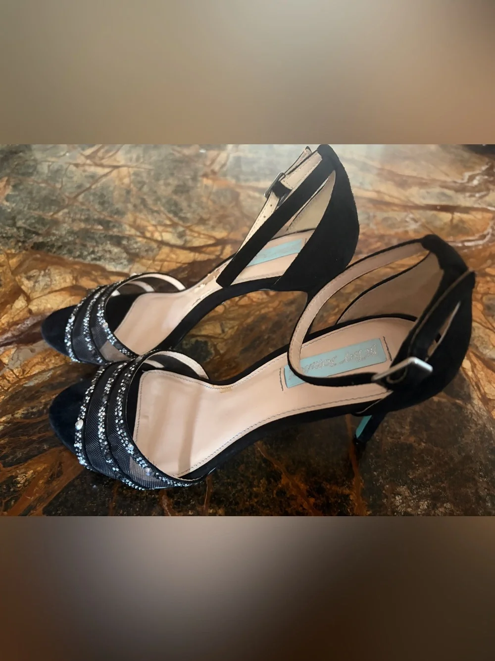 Betsy Johnson Black Embellished Open-Toe Heels